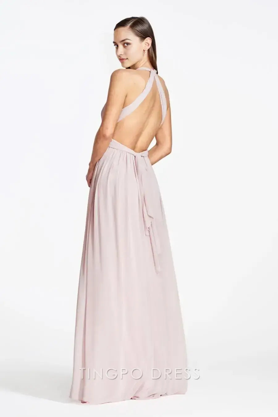 TingPo Wholesale Simple Blush Pink Halter Neck Maxi Dress - Deep V-Back Cross Strap Evening Gown